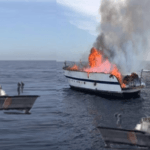 எரிந்த பிரிட்டன் படகு மூவரை காணவில்லை